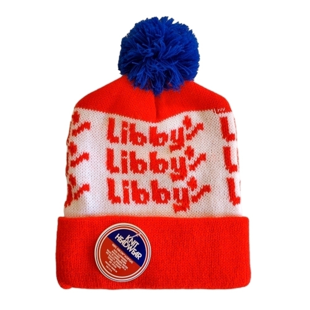 Libby Vintage Pom Pom Knit Beanie Red White Blue Size OSFM NWT